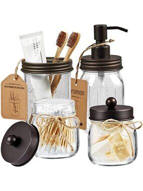 Mason Jar Bathroom Accessories Set Rustic Soap Dispenser Qtip Holder Set